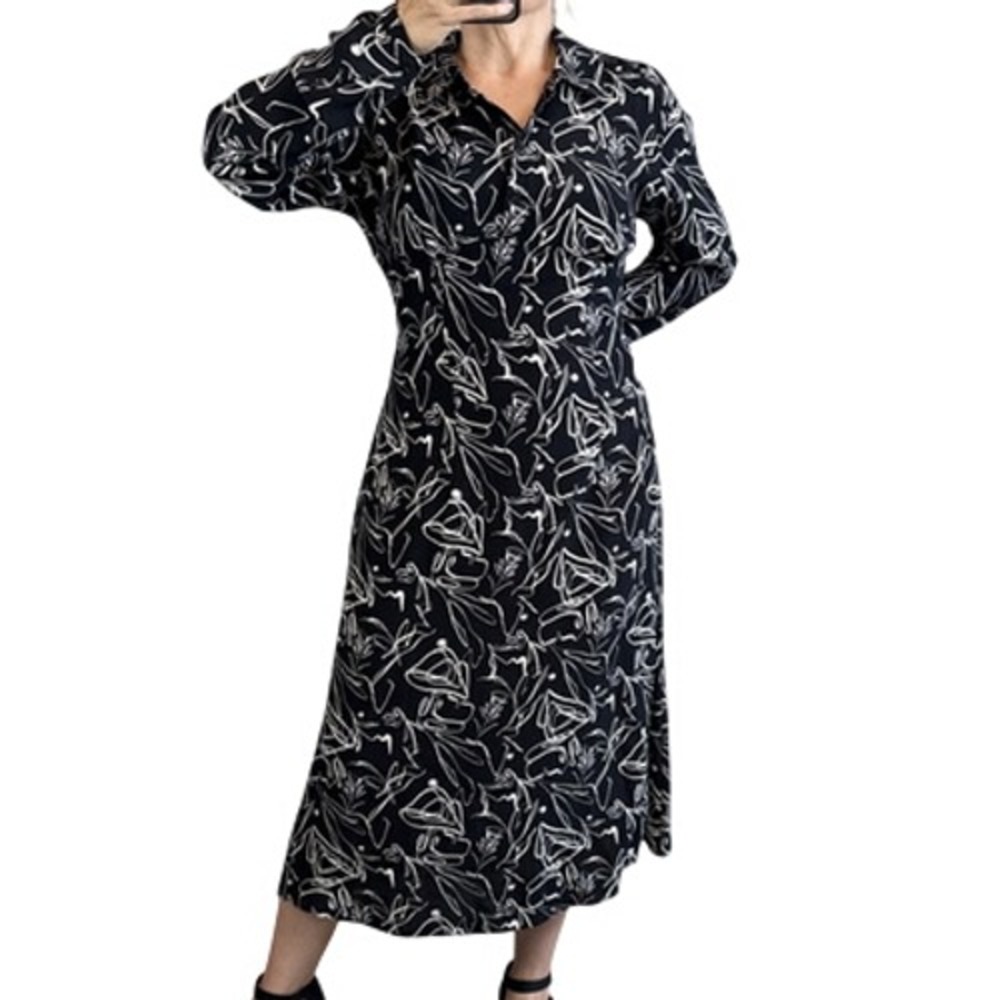 Zara Carlotta Abstract Black Floral Print Midi Shirt Dress Size XL Long Sleeve